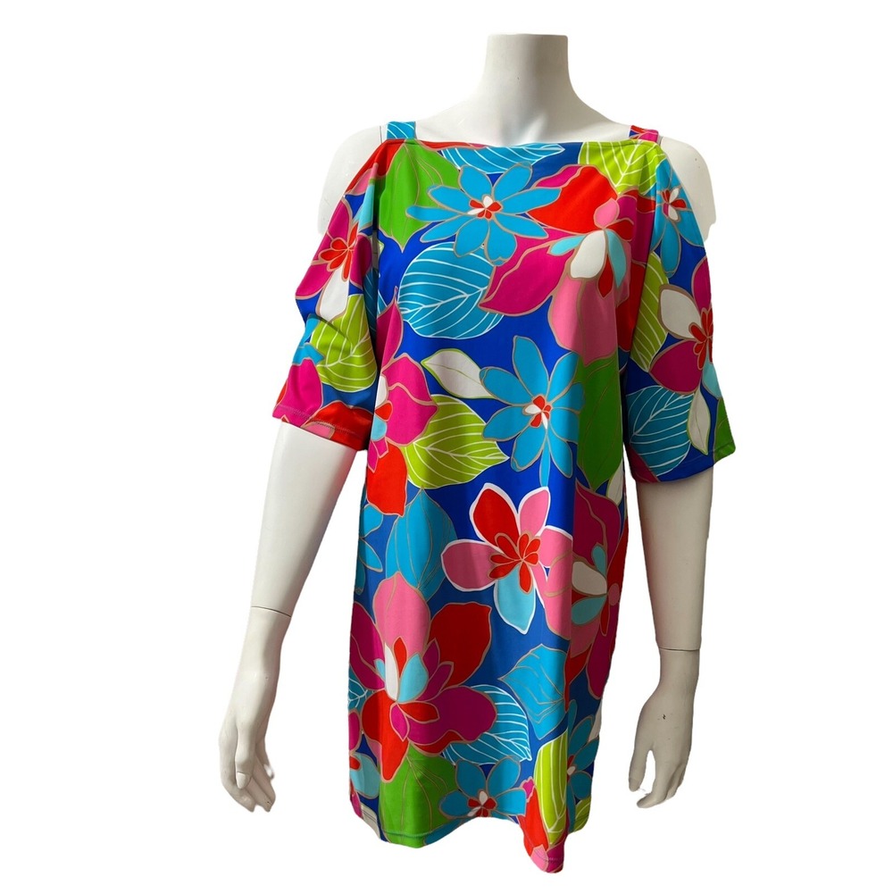 Jude Connally Floral Cold Shoulder Tunic Dress Blue Pink Green Small 101561